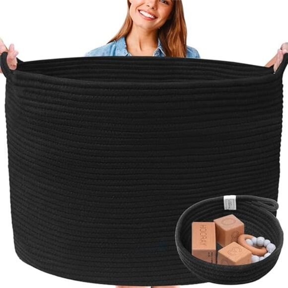 Extra Large Black Woven Basket 2 Pack Blanket Toy Laundry Storage Baskets - Picture 7 of 7